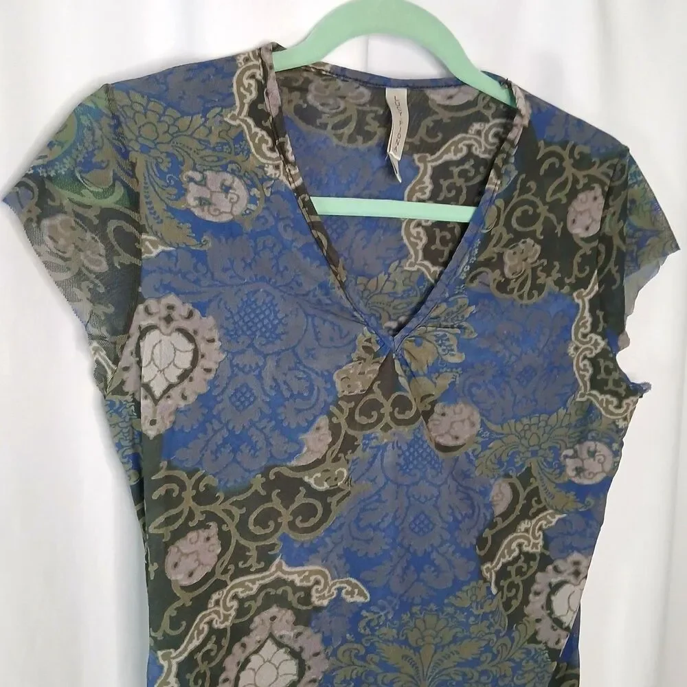 Lucy + Fiona V-Neck Blouse Short Slve Nylon Mesh Lined Fitted Top Womens Large - Picture 3 of 5